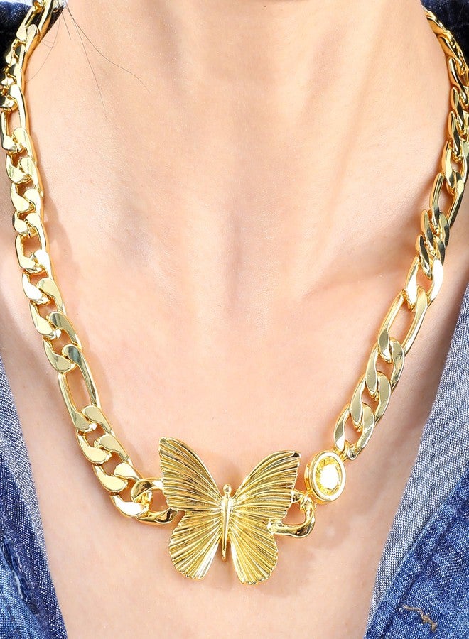 MOONWALTZ Gold Butterfly Chunky Choker Necklace for Women 14K Gold Plated Butterfly Pendant Necklace with Round Yellow Cubic Zirconia Butterfly Charm Necklace Adjustable Trendy Insect Jewelry Gift for Women - Image 5